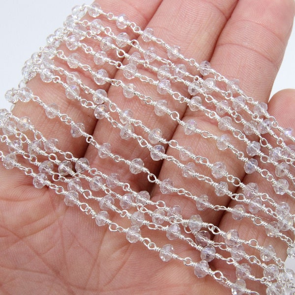Clear Crystal AB Rosary Chain, 4 mm Mystic AB CH #439, Silver Wire Wrapped,Glass Beaded Chains
