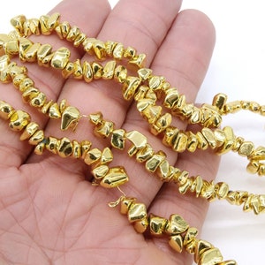 Gold Hematite Beads, Shimmery Polished Nugget Chip Non Magnetic Beads BS #196, sizes 4 mm 11 mm, 13.8 inch Strands