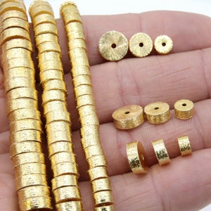 Brushed Gold Drum Beads, 6, 8, 10 mm 3 mm Wide Barrel Bead #3118, Short Round Rondelle Cylinder, Spacer Bead