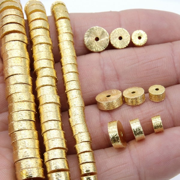 Brushed Gold Drum Beads, 6, 8, 10 mm 3 mm Wide Barrel Bead #3118, Short Round Rondelle Cylinder, Spacer Bead