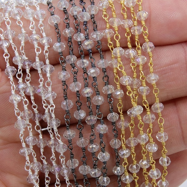 Clear Crystal AB Rosary Chain, 4 mm Mystic AB Black CH #439, Gold or Silver Wire Wrapped, Glass Beaded Chains