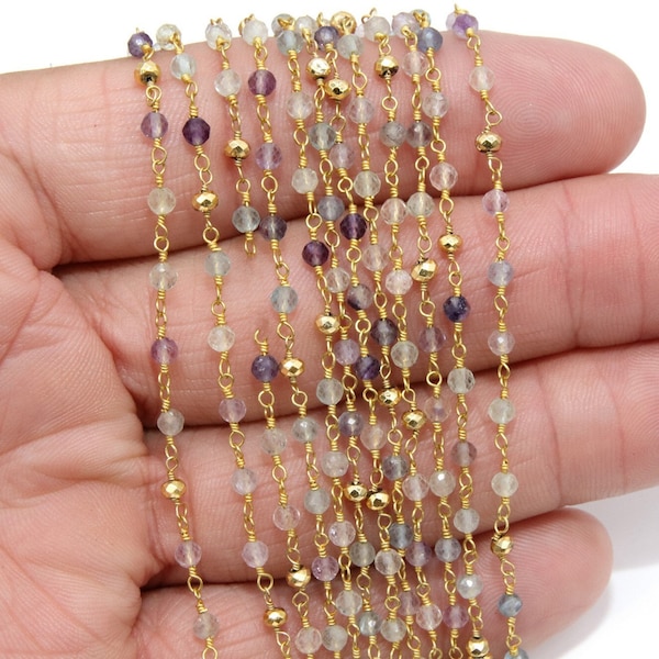 22 k Gold Natural Flourite Rosary Chain, Unfinished 4 mm Gold Pyrite Beaded Wire Wrapped RS #95, Mint Aqua Purple Diamond Cut Gemstones