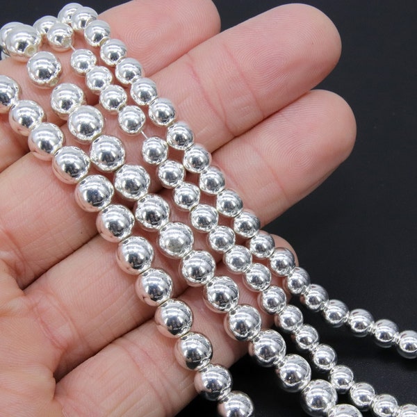 Silver Round Hematite Beads, Shimmery Smooth Polished Non Magnetic Bright Beads BS #207, sizes 4, 6, 8 mm 15.7 inch Strands