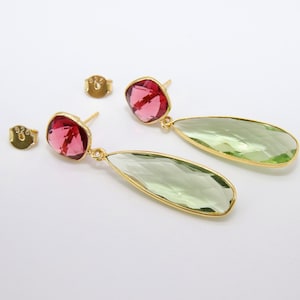 Green Amethyst and Pink Tourmaline Stud Earrings, Gold, 925 Teardrop Gemstone, Watermelon Jewelry