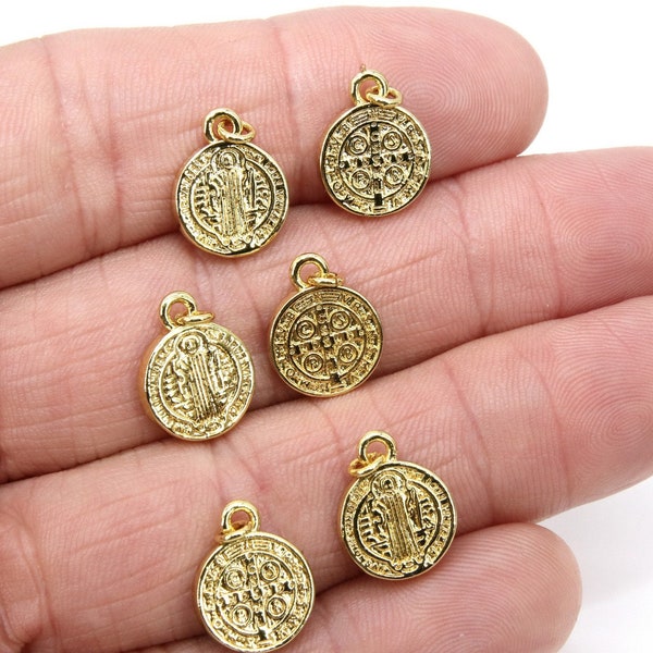 St. Benito Charms, 11 mm Gold Cross St. Benedict Charm #30, Round Medallion Medals, Religious Charms