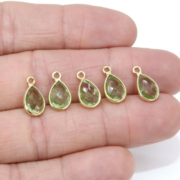 Green Amethyst Teardrop Charms, Gold Plated Faceted Light Green Gemstones #2837, Sterling Silver Birthstone Pendants, 8x14 mm