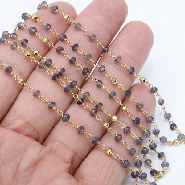 22k Gold Plated Iolite Rosary Chain, Pyrite 4 mm Chains for Jewelry Making, Wire Wrapped Water Sapphire Beads Unfinished, Bulk Wholesale