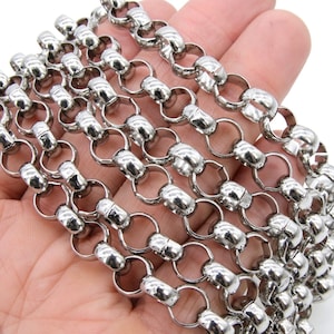 Silver ROLO Chain, 10 mm Stainless Steel Round Chains CH #105, Large Thick Unfinished Jewelry Chains, By the Yard