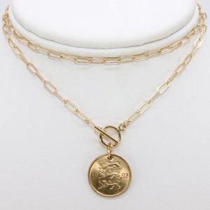 Coin Necklace, Medallion 14 K Gold Toggle Double Wrap Choker, Coat of ...