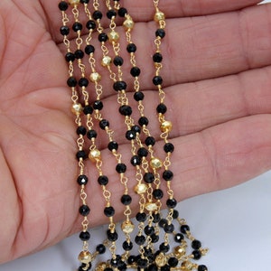 22 k Gold Natural Black Spinel Rosary Chain, 4 mm Gold Pyrite Beaded Wire Wrapped Unfinished Chains by the Foot Diamond cut Gemstone Bulk