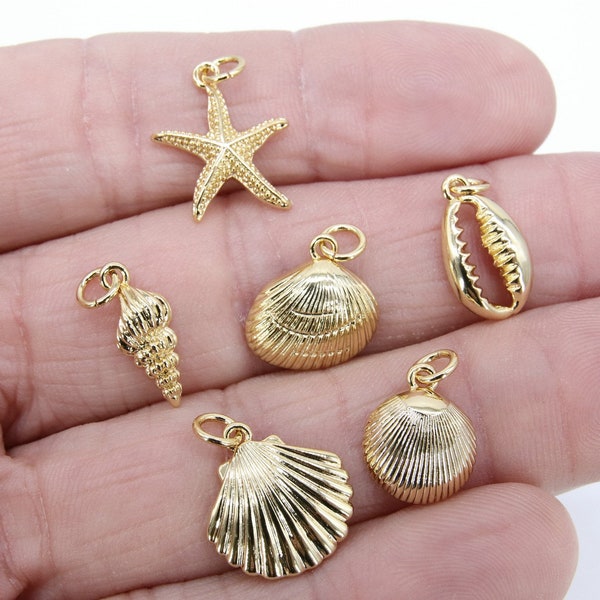 Mini Cowrie Seashell Charm, 2 Pc Gold Tiny Nautical Starfish Seashells #2646, Scallop Beach Shell Ocean Charms