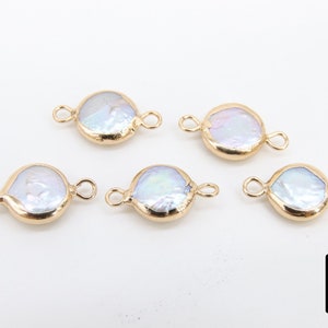 Freshwater Pearl Connectors, Gold Round Double Loop White Charms #2624, 9 x 16 mm Natural Shell Gold Edge Links