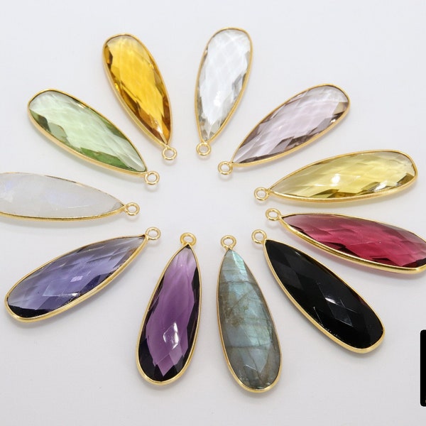 Long Teardrop Charms, Gold Plated Oval Elongated Gemstone Charms Sterling Silver Birthstone Pendants