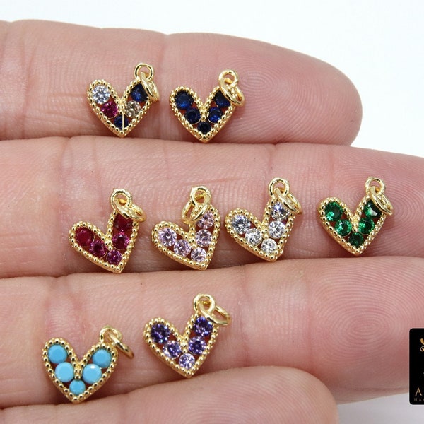 Gold CZ Beaded Heart Charms, 6 mm or 10 mm Minimalist Tiny Charms #548, Blue Turquoise Black Pink Green Purple Heart Charms