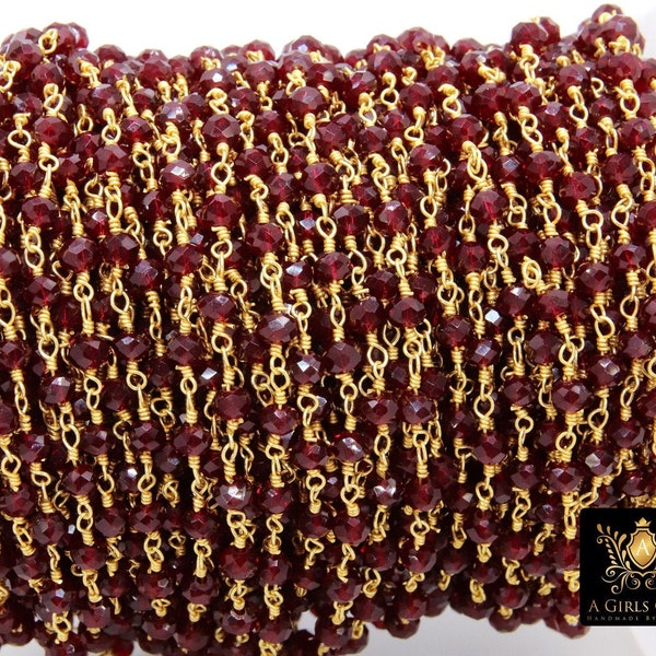 Gold Plated Deep Red Rosary Chain, Ruby Crystal 4 mm Unfinished Chains CH #308, Dark Red Jewelry Findings