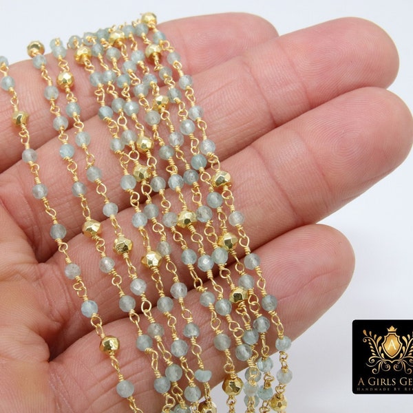 Natural Apatite Rosary Chain, 4 mm Gold Faceted Pyrite Beaded, Wire Wrapped Aqua Mint Blue by the Foot, 22 k Gold Gemstone Rosary Rolls Bulk