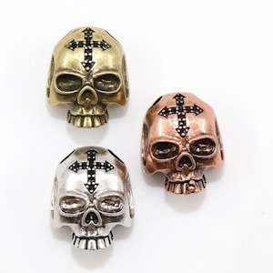 CZ Micro Pave Skull Head Large Beads, Cross Black Pave Bracelet Beads, Antique Gold, Copper, Silver Para Cord Spacer, Skeleton Men&#39;s Jewelry