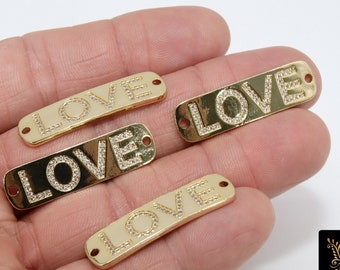 Love Words Connectors, CZ Micro Pave 2 Hole Gold Rectangle Oblong Bar Pendants, Inspirational Tags 10 x 36 mm #508