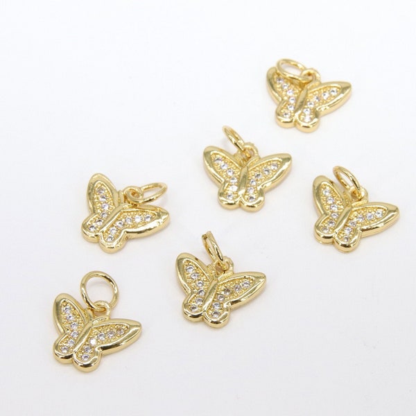 Gold CZ Butterfly Charms, Tiny Cubic Zirconia Small Butterflies, AG 2783, High Quality Huggie 9 x 11 mm, Necklace or Bracelet Charms