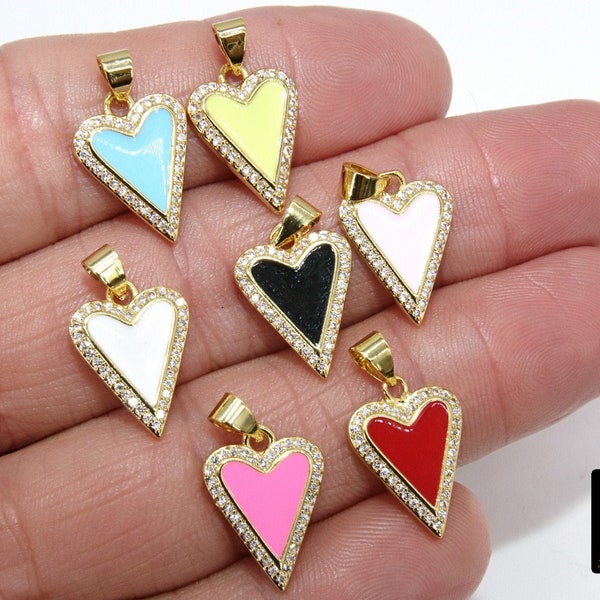 Gold Enamel CZ Heart Charms, Blue Black Pink and White Hearts #330, Small 13 mm, Cubic Zirconia Heart Jewelry Charms