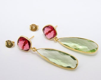 Green Amethyst and Pink Tourmaline Stud Earrings, Gold, 925 Teardrop Gemstone, Watermelon Jewelry