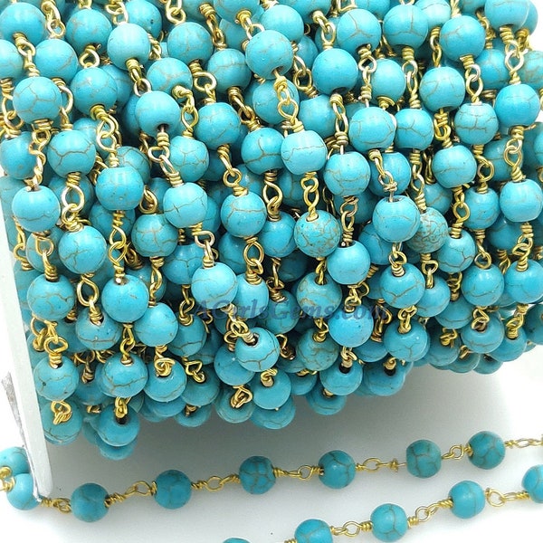 Cadena de cuentas de rosario turquesa, 4 mm, 6 mm envuelto en alambre azul Boho Howlite CH #526, cadena chapada en oro, por el pie al por mayor, a granel