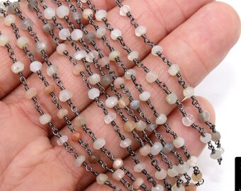 Multi Moonstone  Chain, Unfinished 4 mm Beaded Beige CH #530, Gray Ivory Black Wire Wrapped Chains, White Rondelle Beads, by the Foot