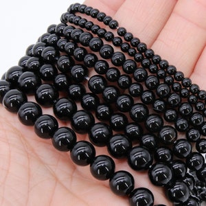 Natural Black Agate Beads, Smooth Shiny Round Black Beads BS #28, Grade A in sizes 4 mm 6 mm 8mm 10mm, 15.5 inch Strands