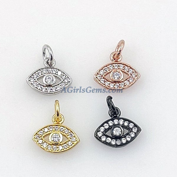 Gold Evil Eye Charm, 2 Pc CZ Micro Pave Black Evil Eyes Pendant, Rose 15 x 12 mm, 9 x 11 mm, Silver Tiny Minimalist Necklace