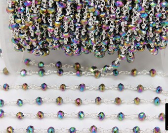 Tourmaline Wire Wrapped Chain 4mm Tourmaline with Sterling Silver Wire Wrap Rosary Style beaded Chain BY FOOT CHN-288
