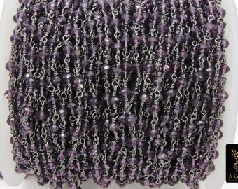 Amethyst Rosary Chain, 4 mm Purple Crystal Beaded Chains CH #306, Gunmetal Black Wire Wrapped, LSU Jewelry Bulk Wholesale