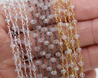 Clear Crystal AB Rosary Chain, 4 mm Mystic AB Black CH #439, Gold or Silver Wire Wrapped, Glass Beaded Chains