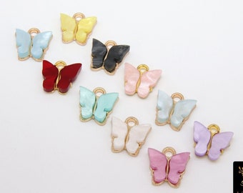 Butterfly Charms, 2 Pc Pearly Resin Small Butterflies, Gold Acrylic Pendants, Black, Aqua Blue, Pink, Yellow, Fuchsia, 10 Colors
