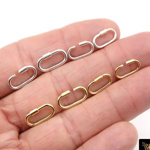 Karbinhake i guld eller silver, 14 mm små ovala långa spännen i guld över 925 sterlingsilver # 3610, 16 mm skruvspännen i guld eller silver, två storlekar