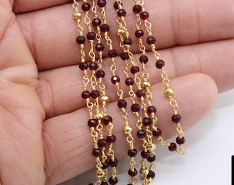 22 k Gold Ruby Rosary Chain, 4 mm Gold Pyrite Chain CH #449, Beaded Wire Wrap, Unfinished Garnet Diamond Cut Gemstone Beads