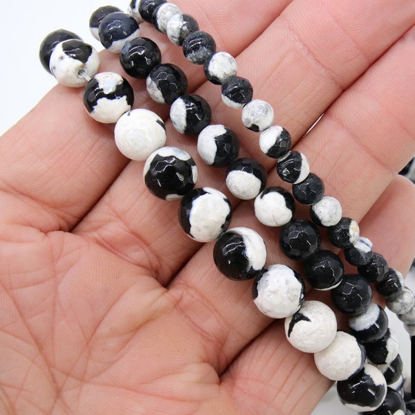 Natural Black and White Agate Beads, Faceted Cow Pattern Blended Beads BS #12, sizes in 6 mm, 8 mm or 10 mm 15 inch FULL Strands