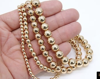 Gold Round Hematite Beads, Shimmery Smooth Polished 14 k Light Gold Color Non Magnetic Beads BS #93, sizes 4, 6, 8 mm 15.7 inch Strands