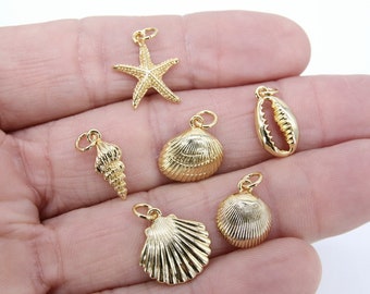 Mini Cowrie Seashell Charm, 2 Pc Gold Tiny Nautical Starfish Seashells #2646, Scallop Beach Shell Ocean Charms