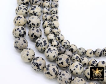 Natural Dalmatian Beads, Smooth Round Black and Beige Jasper Bead Blends BS #14, sizes in 6 mm or 10 mm 15.5 inch FULL Strands