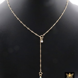 925 Sterling Silver Long Bar Necklace, Adjustable 14 K Gold Filled Bar Chain Lariat Choker, Long Bar Charms Necklace, Double Clasps Necklace