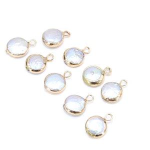 Freshwater Pearl Charms, Gold Round White Charms #2650, 9 x 12 mm Natural Shell, Gold Edge Charms