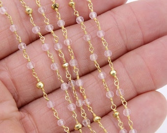Rose Quartz Rosary Chain, 4 mm Gold Faceted Pyrite Beaded, Wire Wrapped Pink by the Foot, 22 k Gold Gemstone Rosary Rolls Bulk