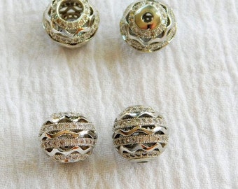 Abalorios de plata pavimentados con circonita cúbica, agujero grande o pequeño, abalorios redondos de filigrana de oro de 11 mm n.° 240, abalorios focales de circonia cúbica rosa pavimentados con circonita cúbica