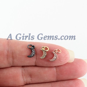 CZ Tiny Crescent Gold Moon Charm, 3 pcs Mini Moon Charms #292, Silver Dainty CZ Rose Moon Charms, 5 x 9 mm