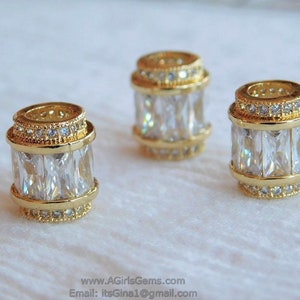 Gold Tube Beads, CZ Micro Pave Large Hole Beads, 10 x 12 mm 18 K Gold Plated, Elegant Fancy Cubic Zirconia Barrel Beads