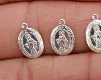Collana Vergine Maria In Argento 925 - Ciondolo Medaglia Cattolica Ossidata, Donna, Con Catena Regolabile