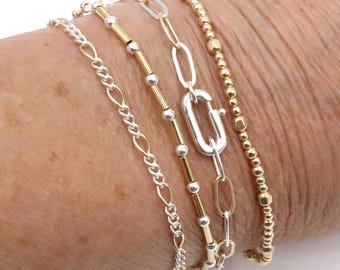 14 K Gold gefüllte Figaro Kettenglied-Halskette, 925 Sterlingsilber Mischmetall lange kurze Gold zierliche Kette zweifarbiges Armband, wasserdicht