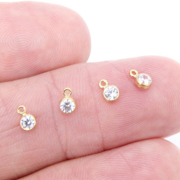 14 K Gold Filled CZ Charm, 3 mm Clear Round Charm with Jump Rings AG #3251, Birthday Permanent Jewelry, Water Tarnish Resistant, Mom Gift