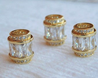 Gold Tube Beads, CZ Micro Pave Large Hole Beads, 10 x 12 mm 18 K Gold Plated, Elegant Fancy Cubic Zirconia Barrel Beads