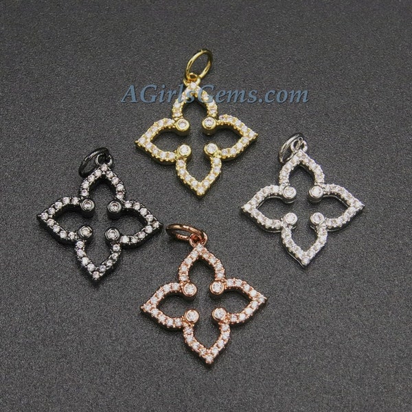 CZ Micro Pave Clover Quatrefoil Charms #59, 18 k Silver/Gold or Black Rhodium Plated CZ Flowers 4 Point Star Necklace/Bracelet Tiny Charms